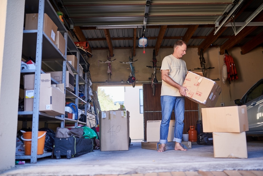 Man cleaning clutter and debris out of garage
