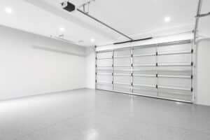 Modern new garage with white polyaspartic floor, OGI