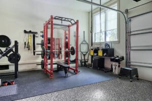 Home Gym for Weightlifting with free weights in Garage with lots